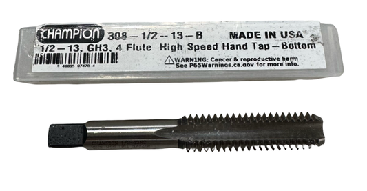 Champion 1/2"-13 HSS Hand Tap 4 Flute GH3 Bottoming Tap USA Made