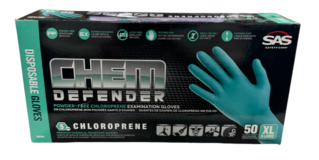 SAS Safety Chem Defender Powder-Free Exam Grade Chloroprene Disposable Gloves XL, 5mil, 50 Pack