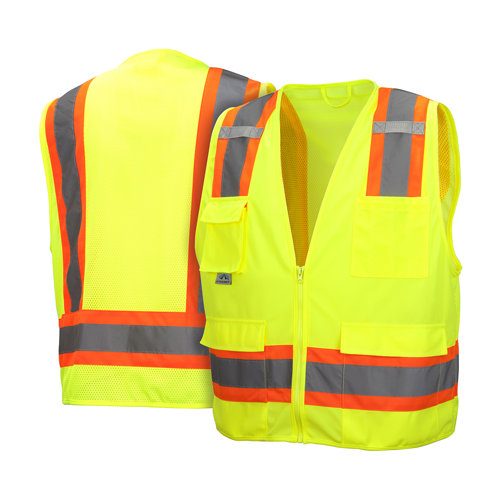 Pyramex Hi-Vis Lime Class 2 Surveyors Safety Zipper 6 Pocket Size Medium