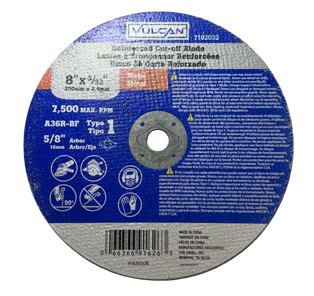 Vulcan 8" x 3/32" x 5/8" Metal Reinforced Cut-Off Wheel T1 A36R-BF