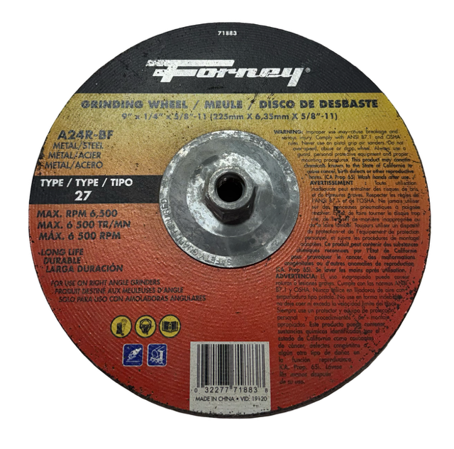 Forney 9" x 1/4" x 5/8-11 Metal Grinding Wheel T27 A24R-BF