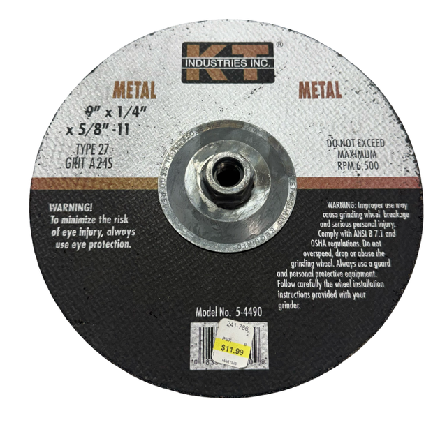 KT Industries 9" x 1/4" x 5/8-11 Metal Grinding Wheel T27 A24S