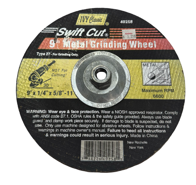 IVY Swift Cut 9" x 1/4" x 5/8-11 Metal Grinding Wheel Type 27