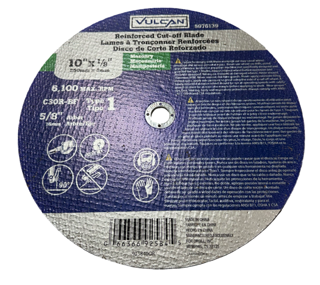 Vulcan 10" x 1/8" x 5/8" Reinforced Masonry Cut-Off Blade Type 1