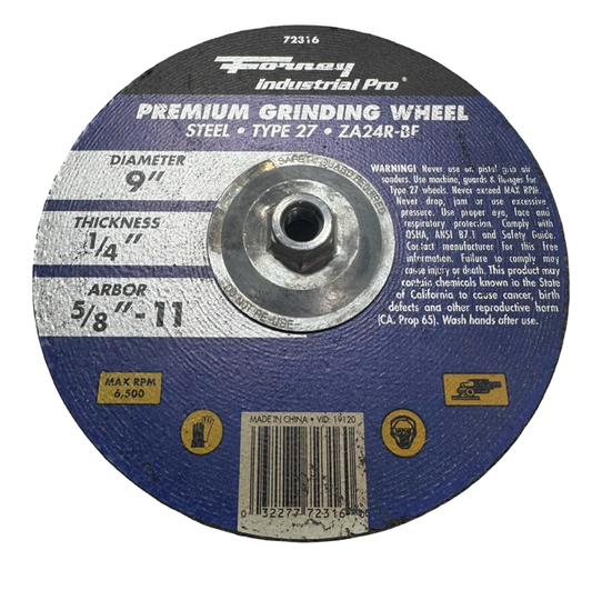 Forney 9" x 1/4" x 5/8-11 Premium Metal Grinding Wheel, Type 27, ZA24R-BF
