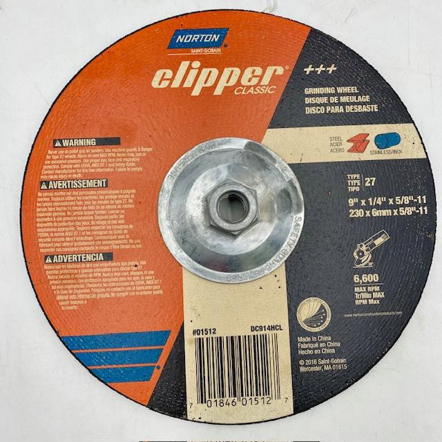 Norton Clipper 9" x 1/4" x 5/8-11 Metal Grinding Wheel Type 27