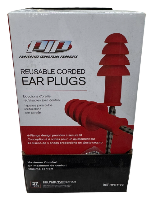 PIP Reusable TPR Corded Ear Plugs, NRR 27, Red, 100 Pairs