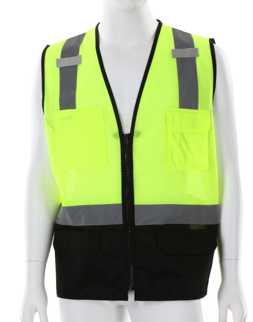 MCR Safety Hi-Vis Lime Safety Vest, Zipper Front, Black Trim, Size XL