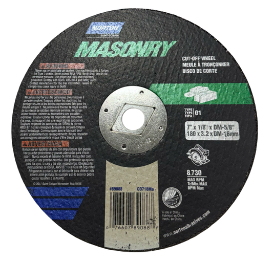 Norton 7" x 1/8" x DM-5/8" Masonry Cut-Off Wheel, Type 1, 89088