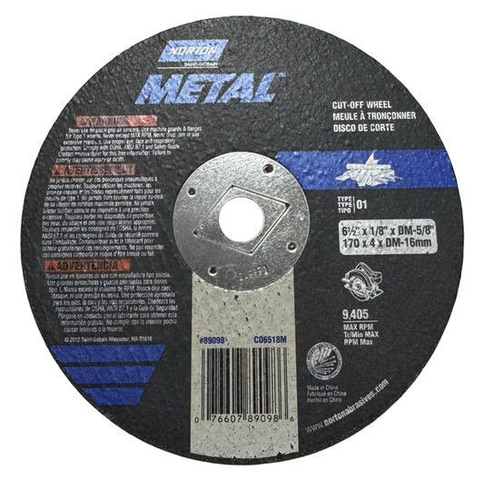 Norton 6-1/2" x 1/8" x DM-5/8" METAL Cut-Off Wheel Type 1