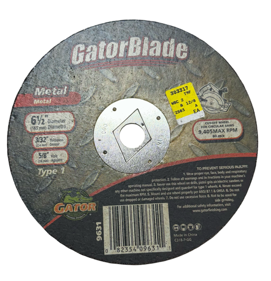 Gator 6-1/2" x 3/32" x 5/8" Metal Circular Saw Cut-Off Wheel Type 1