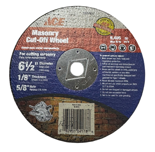 Ace 6-1/2" x 1/8" x 5/8" Masonry Cut-Off Wheel, Type 1