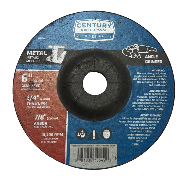 Century 6" x 1/4" x 7/8" Metal Grinding Wheel for Angle Grinders