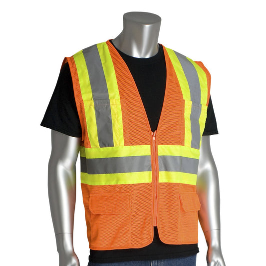 PIP Hi-Vis R2 Safety Vest, Orange Two Tone Mesh 6 Pockets, Zipper Closure Size Medium