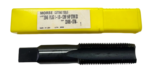 Morse 1-1/8" NF HSS Straight Flute Tap, 12 TPI, H4 4 Flute Plug Tap USA Made