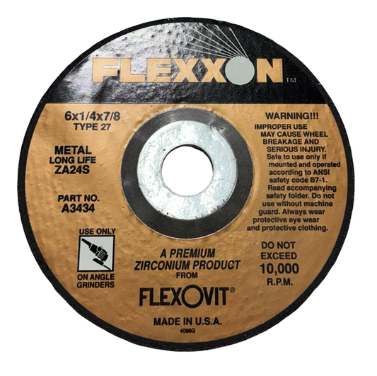 FLEXOVIT 6" x 1/4" x 7/8" Metal Grinding Wheel T27 Zirconium USA Made