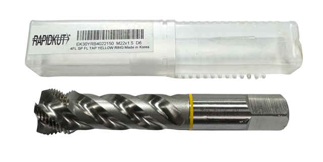 RapidKut M22 x 1.5mm HSSE-V3 Spiral Flute Tap D6 4FL Yellow Ring Semi-Bottoming Tap