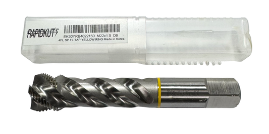 RapidKut M22 x 1.5mm HSSE-V3 Spiral Flute Tap D6 4FL Yellow Ring Semi-Bottoming Tap