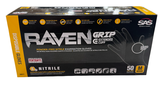 Raven Powder-Free 6 mil Nitrile Examination Gloves, Extended Cuff, Medium, 50 Pack