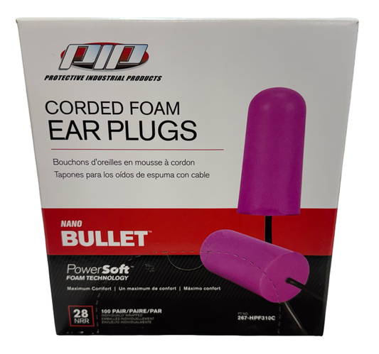 PIP Nano Bullet Disposable Corded Foam Ear Plugs - 28 NRR - 100 Pairs