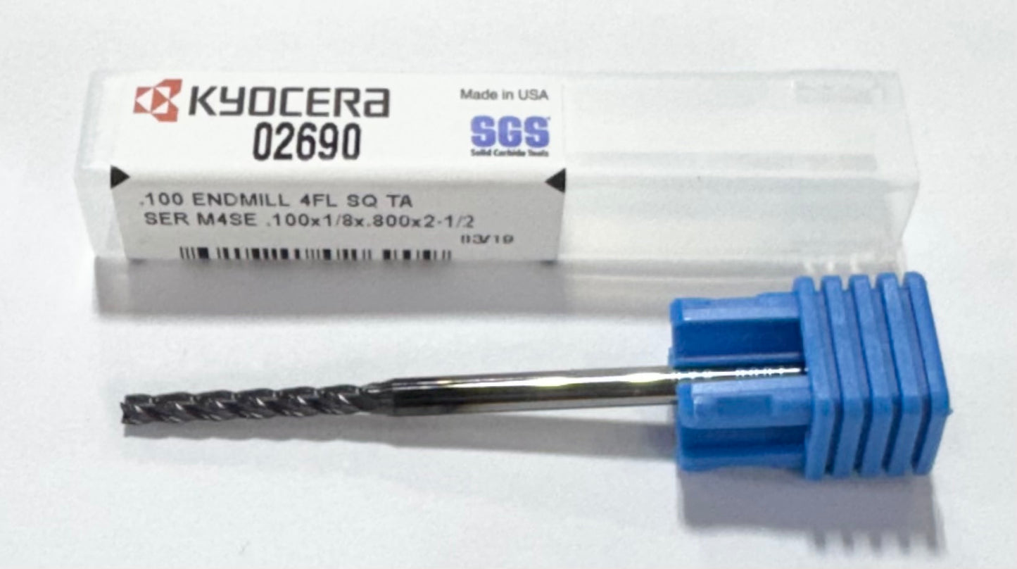 Kyocera .100" Carbide End Mill 4 Flute AlTiN Coating 2-1/2" OAL USA Made