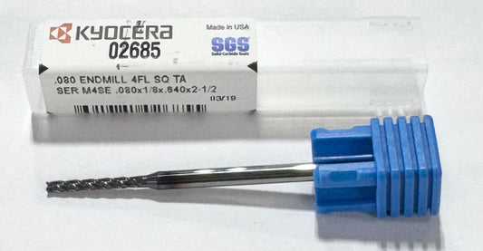 Kyocera .080" Carbide End Mill 4 Flute AlTiN Coating 2-1/2" OAL USA Made