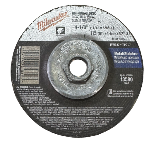 Milwaukee 4-1/2" x 1/4" x 5/8-11 Metal/Stainless Grinding Disc Type 27