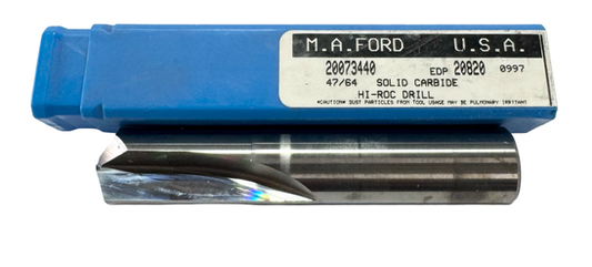 M.A. Ford 47/64" Solid Carbide Hi-Roc Drill 135° Point USA Made