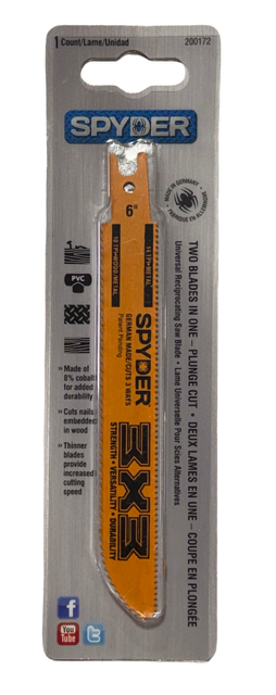Spyder 6" Double-Edged Bi-Metal Reciprocating Saw Blades, 10/14 TPI, Single Pack
