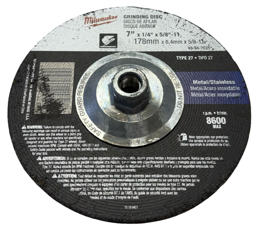 Milwaukee 7" x 1/4" x 5/8-11 Metal/Stainless Grinding Wheel Disc