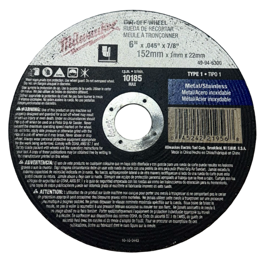 Milwaukee 6" x .045" x 7/8" Metal Cut-Off Wheel Type 1