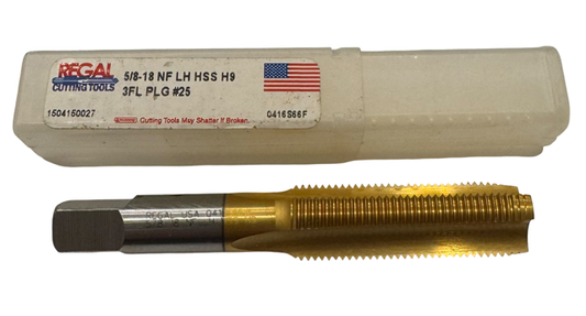 Regal 5/8"-18 HSS Straight Flute Tap - Left Hand - Tin Coated Plug Tap - 3 Flute - H9 USA Made