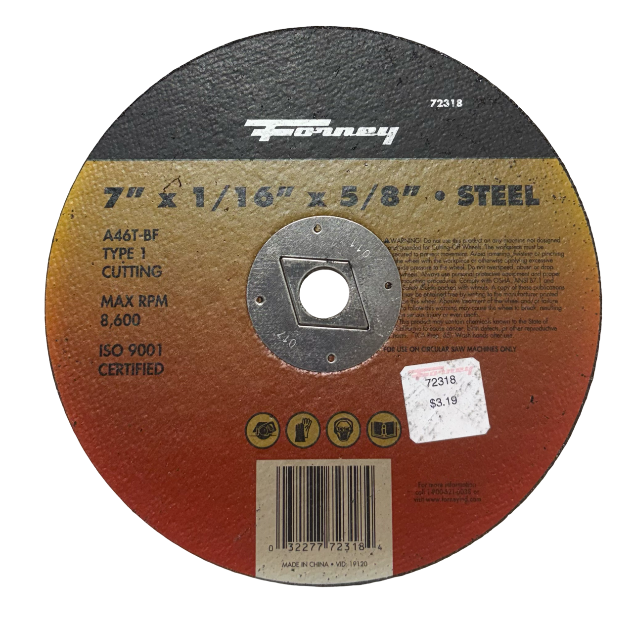 Forney 7" x 1/16" x 5/8" Metal Cutting Wheel A46T-BF Type 1