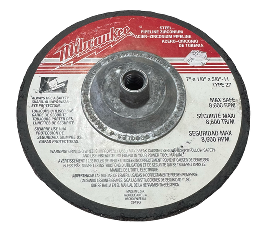 Milwaukee 7" x 1/8" x 5/8-11 Metal Pipeline Grinding Wheel Zirconium