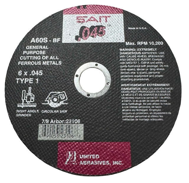 SAIT 6" x .045" x 7/8" Metal Cut-Off Wheel Type 1 USA Made