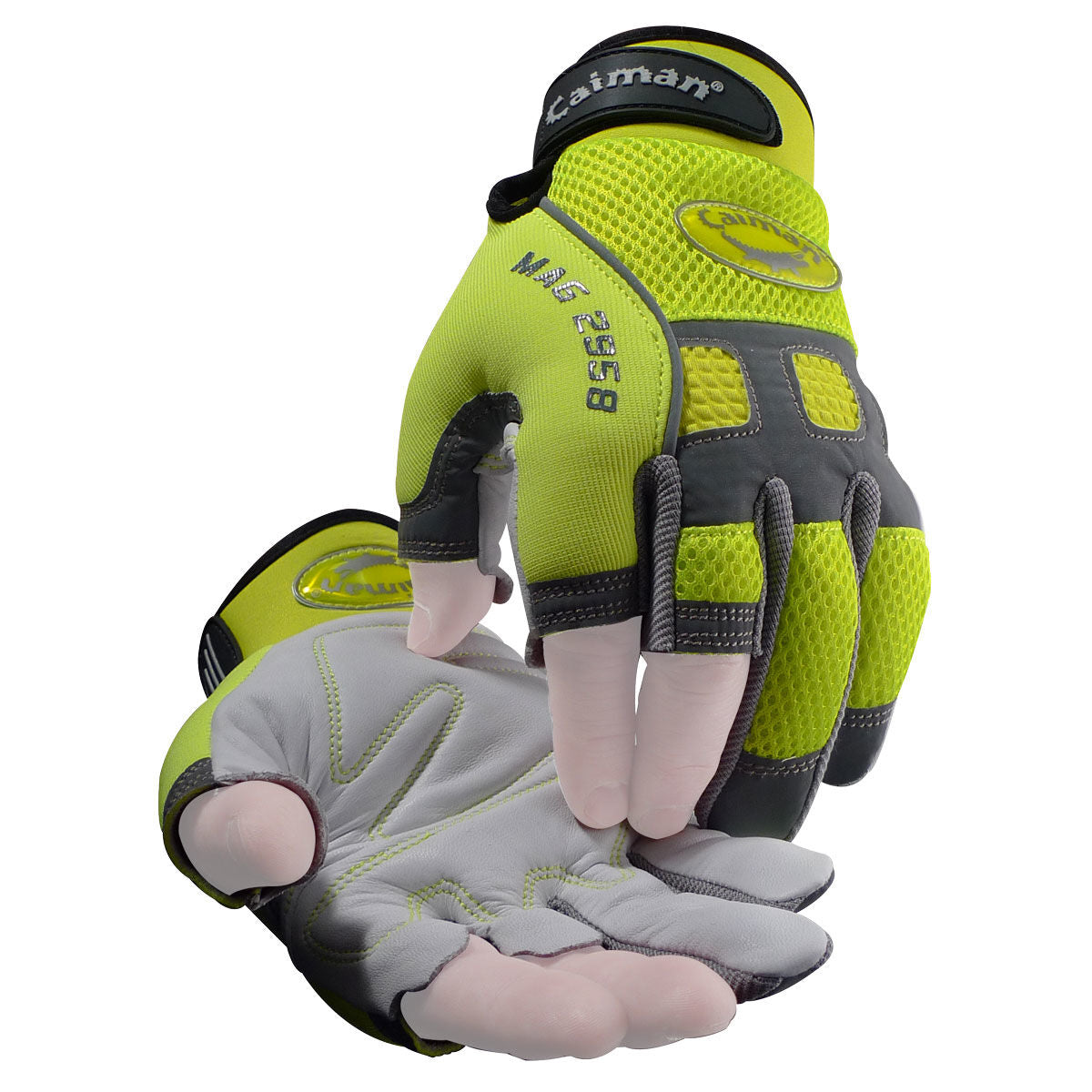 Caiman Multi-Activity Hi-Vis Gloves with Sheep Grain Leather Palm, Half-Finger Size Large