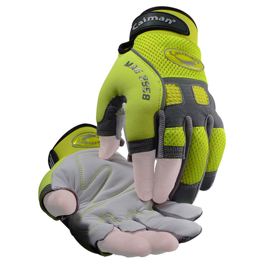 Caiman Multi-Activity Hi-Vis Gloves with Sheep Grain Leather Palm, Half-Finger Size Large