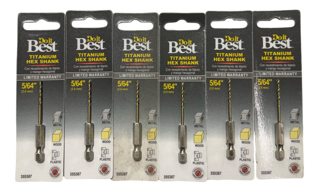 5/64" Hex Shank Drill Bits Titanium 1/4" Quick Change Drills 6 Pack