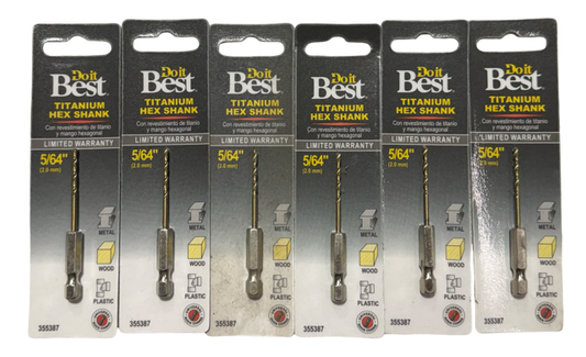 5/64" Hex Shank Drill Bits Titanium 1/4" Quick Change Drills 6 Pack