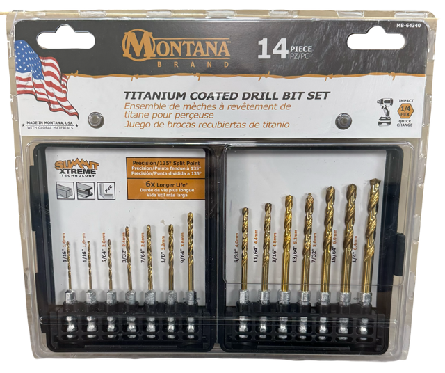 Montana 14PC Titanium Coated Hex Shank Drill Bit Set 1/16" to 1/4" USA Made