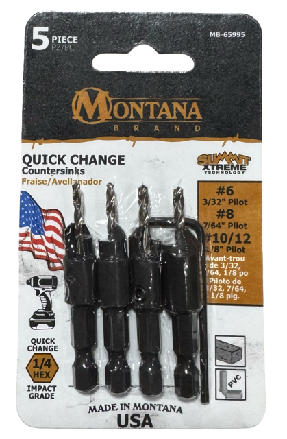 Montana 5 Piece Quick Change Drill & Countersink Set #6 #8 #10/12 USA Made