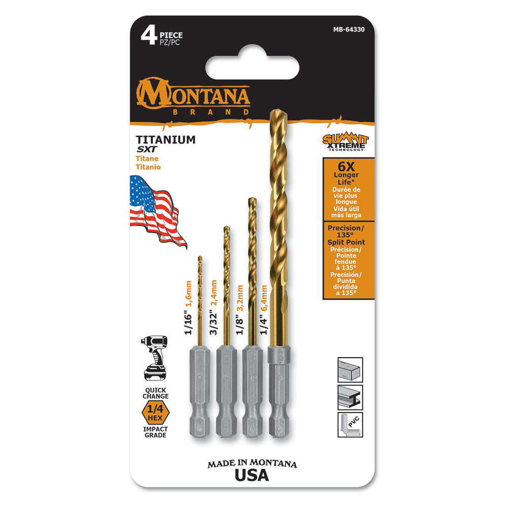 Montana 4 Piece Hex Shank Titanium Coated Drill Bit Set 1/16" to 1/4" USA Made