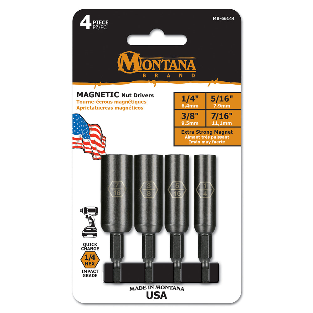 Montana 4 Piece Magnetic Impact Nut Driver Set 1/4" 5/16" 3/8" 7/16" USA Made