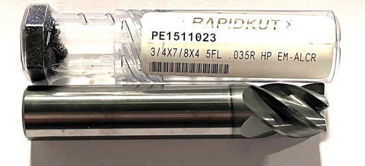 RapidKut Carbide End Mill 3/4" x 3/4" x 1-5/8" x 4" AlCrN 5 Flute HP .035 Radius