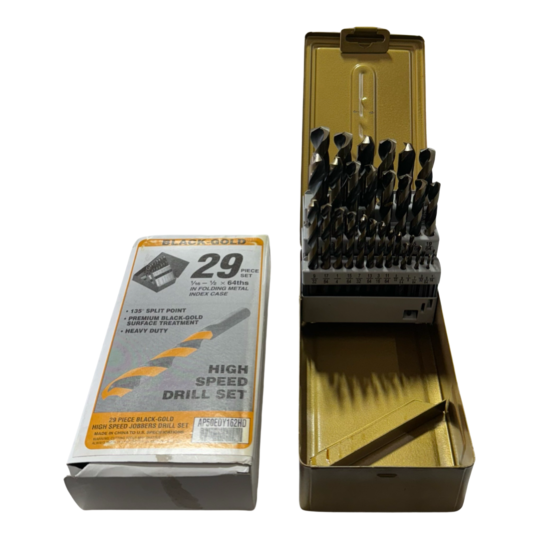 29pc Black & Gold Drill Bit Set 135° Split Point Heavy Duty HSS 1/16x1/2x64th