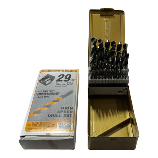 29pc Black & Gold Drill Bit Set 135° Split Point Heavy Duty HSS 1/16x1/2x64th