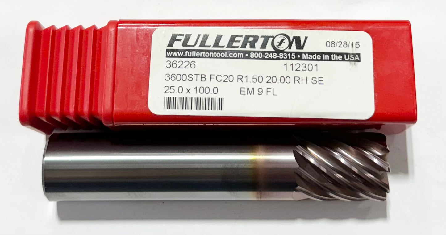 Fullerton 20mm Carbide End Mill Variable Helix 9 Flute 1.5mm Radius FC20 Coated