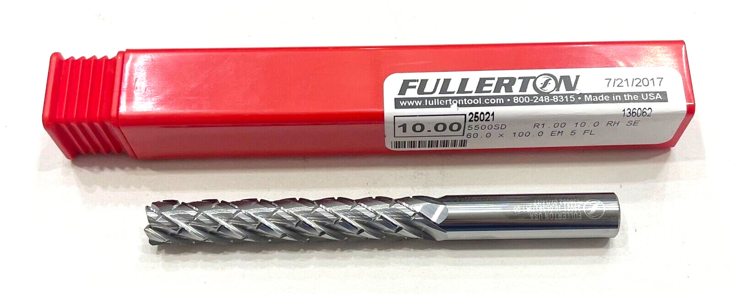 Fullerton 10mm Carbide End Mill Long Length 5FL 1mm Corner Radius Chip Breaker