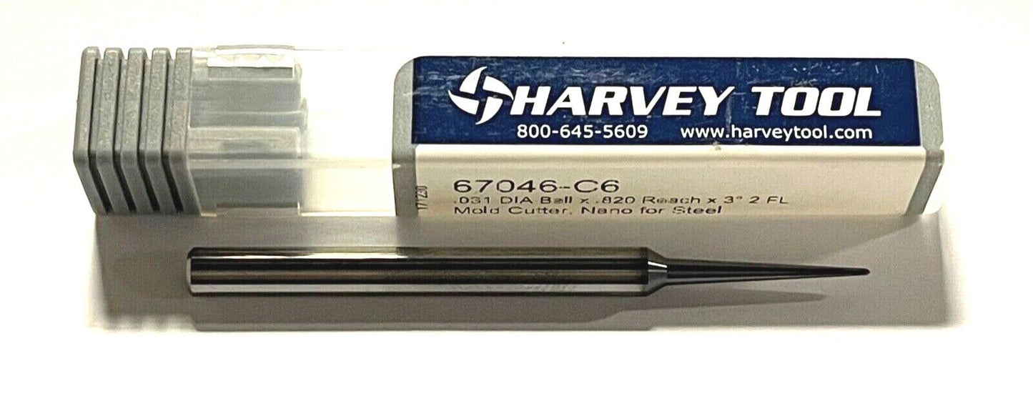 Harvey Tool 1/32" Carbide Ball End Mill .820 Reach x 3° 2 Flute Mold Cutter Nano