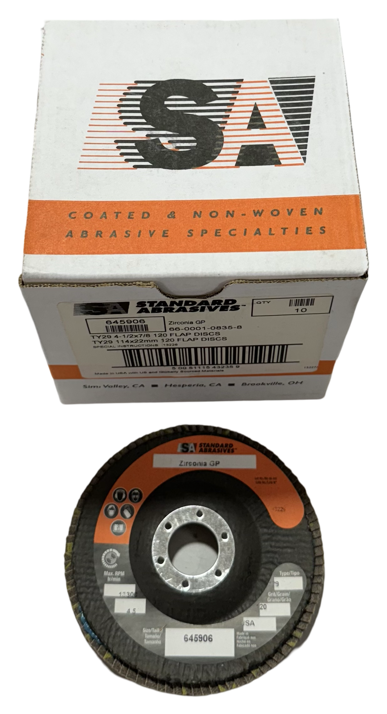 Standard Abrasives 4-1/2" x 7/8" Flap Disc 120 Grit Zirconia 10 Pack